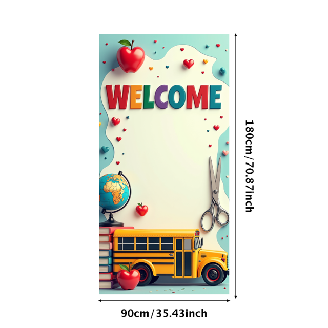 Welcome Back to School Banner Classroom Backdrop Educational Decor School Supplies Kids Party Decoration Photo Background Library Event Signs Apples School Bus Props