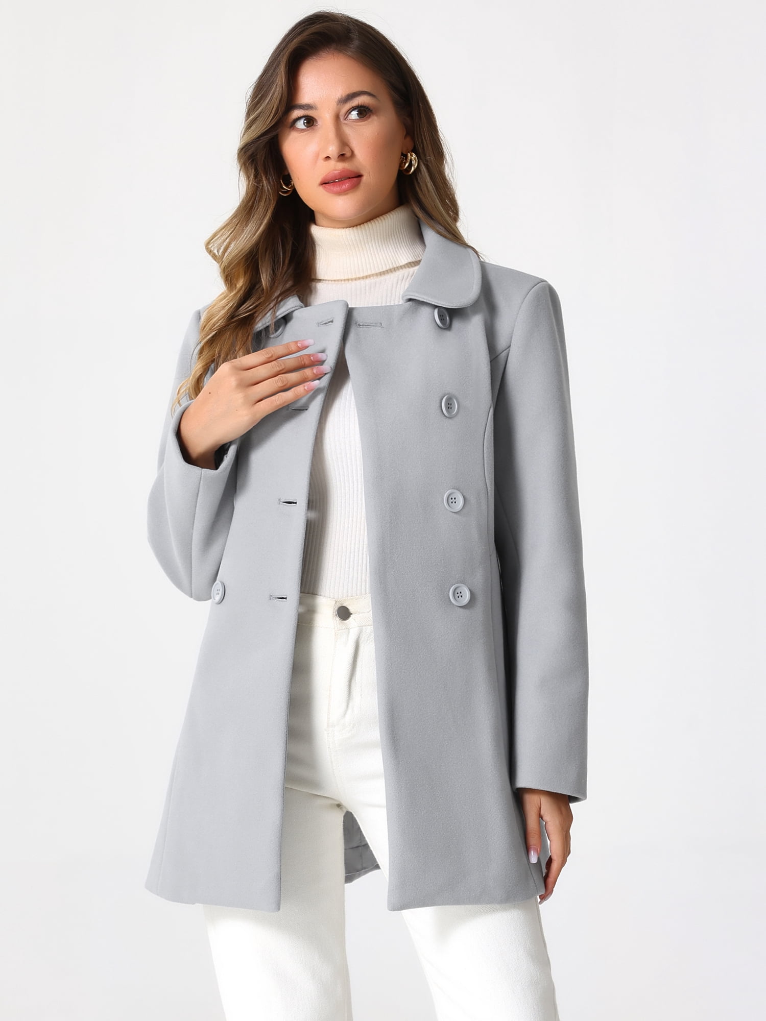 DARING DIVA Women's Peter Pan Collar Double Breasted Winter Trench Coat Light Grey M