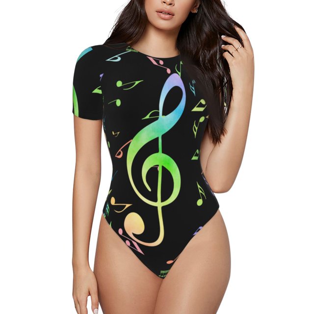 Balery Music Notes Body de cuello redondo de manga corta para mujer Tops de manga corta Tops básicos-Medium
