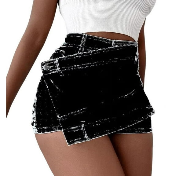 Women Jean Denim Skort Sexy- High Waisted Asymmetrical Short Mini Short Black L