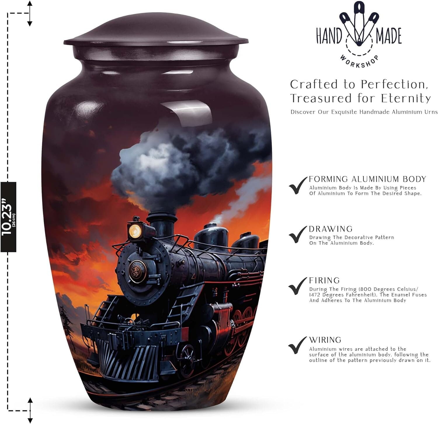 Steam Train Cremation Urn for Human Ashes - Artistic Large Aluminum Urn for Adult Male, Memorial Keepsake, Decorative Urn, sizes 10" and 3"