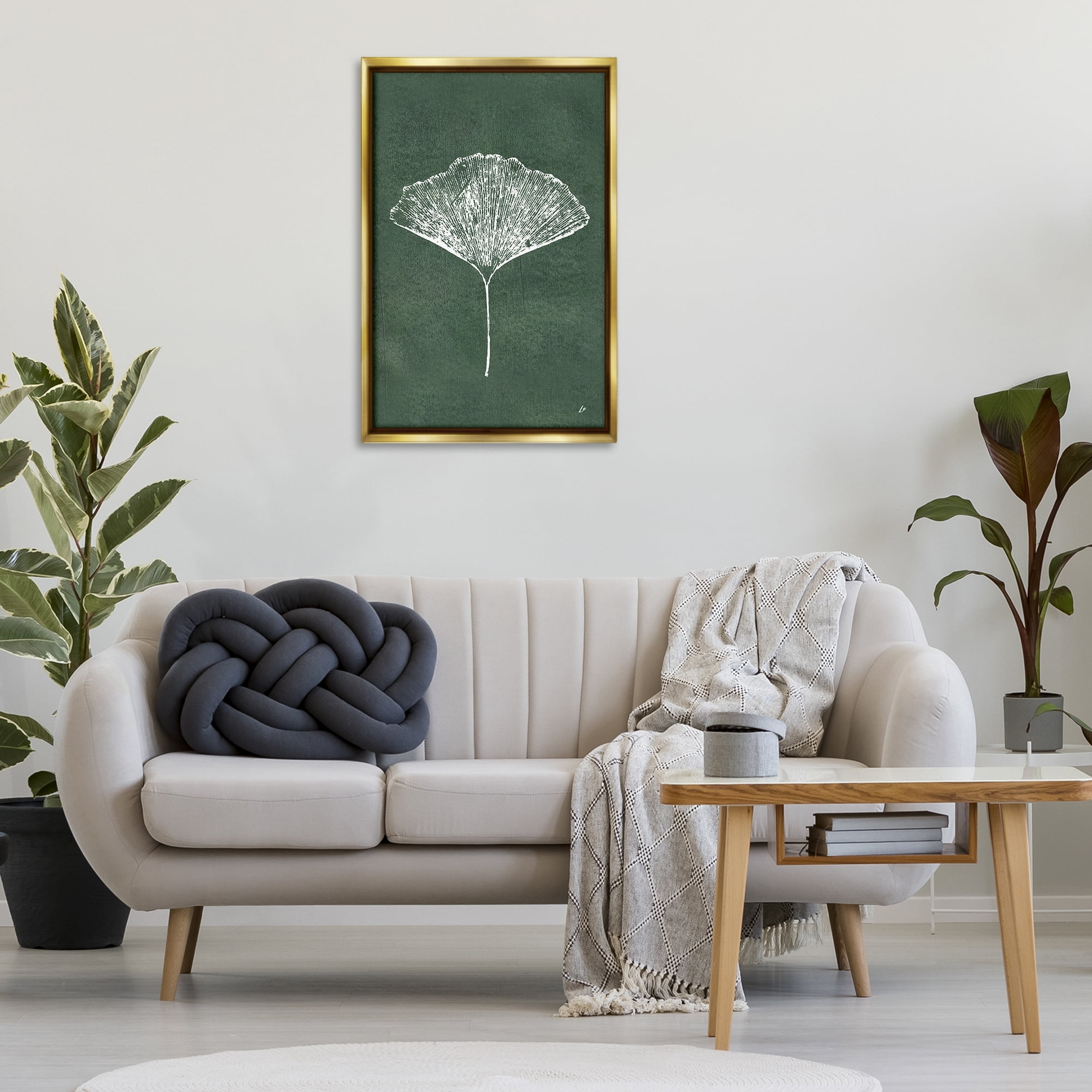 Stupell Industries Ginkgo Impression on Green Plants & Flowers Painting Gold Floater Framed Canvas Art Print Wall Art, 21 x 31