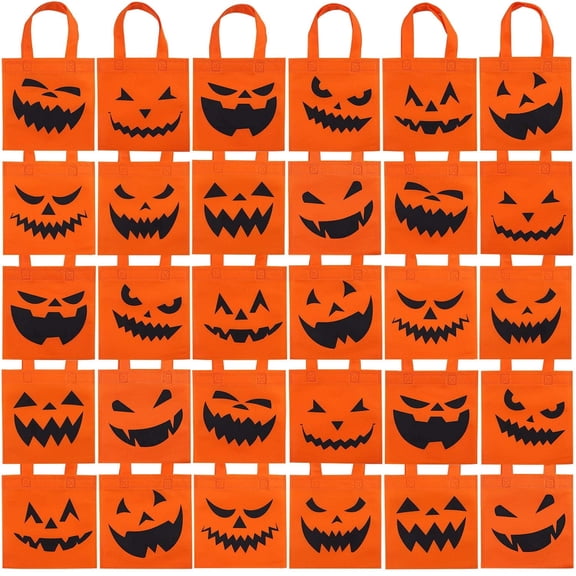 Elcoho 30 Pieces 8 x 8 inch Halloween Pumpkin Non-Woven Tote Bags with Handles, 10 Styles Kids Trick or Treat Party Favor Gift Bags