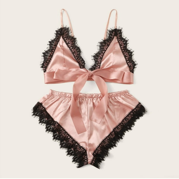 Lencería sexy para mujer Encaje Satén Ahueca hacia fuera Tentación