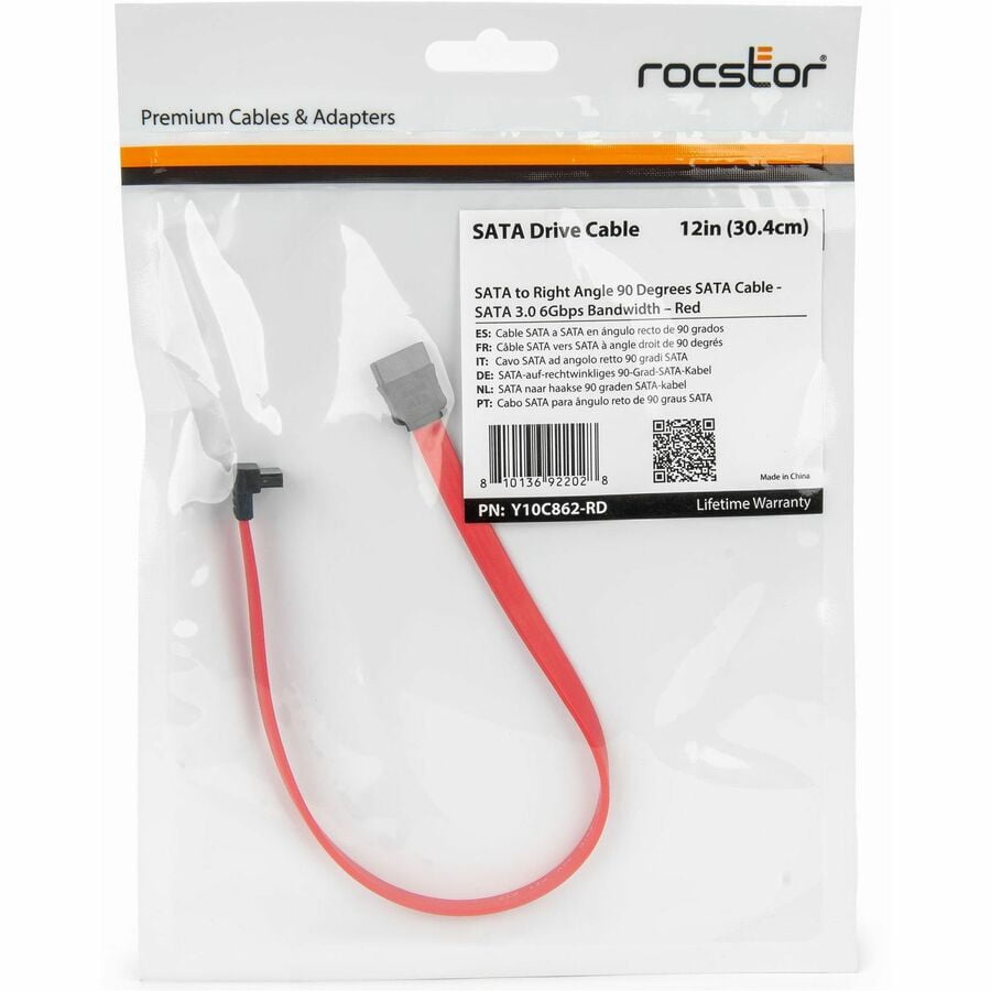 Rocstor Y10C862RD SATA to Right-Angle SATA Cable - 12" Red