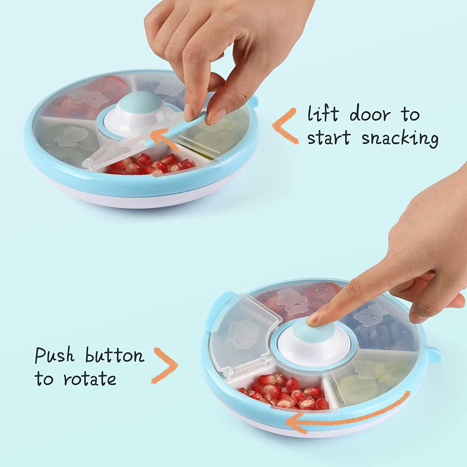 Cowiewie Snack Container for Kids with Lid, 5 Compartments, BPA and PVC Free Kids Snack Spinner, Blue, Size: 6.7 x 6.7 x 1.6