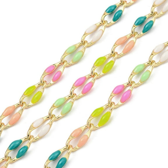 1roll Ion Plating(IP) Brass Dapped Chains Cable Chains with Enamel golden Soldered with Spool Flat Oval Colorful 8.5x4x1.5mm about 32.81 Feet(10m)/Roll