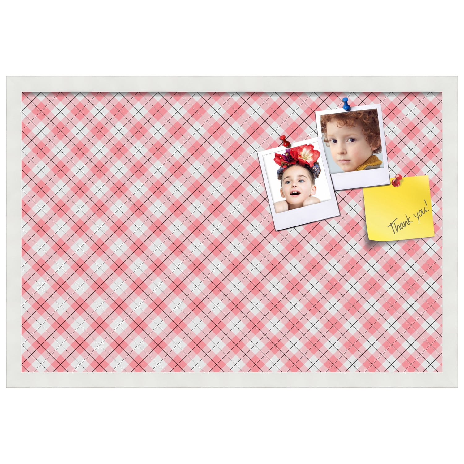 PinPix ArtToFrames 25x16 Custom Cork Bulletin Board Argyle Light Pink   Poster Board Has a Fabric Style Canvas Finish, Framed in Satin White Frame (PinPix-649)