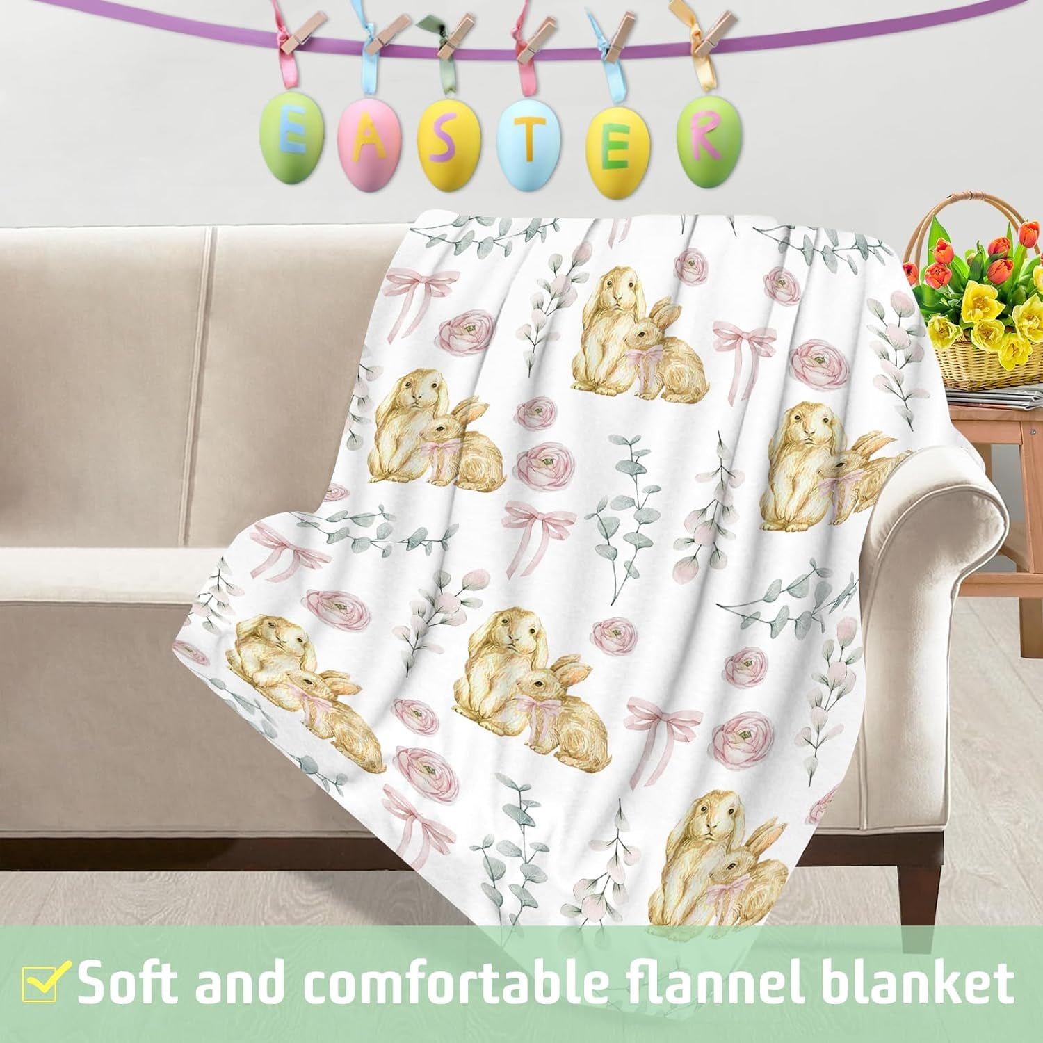 Luxury Plush Easter Blanket Cute Bunny Pink Bud Bow Tie Eucalyptus Leaves Throw Blanket for Couch,Lightweight Soft and Warm Throws Blankets for Sofa Bed Living Room in Spring 40"x50"