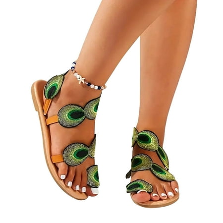 

Nrmvnmi Women s Slippers Summer Open Toe with Clip Toe Feather Flat Sandals Casual Lightweight Beach Sandals Green Mothers Day Gifts