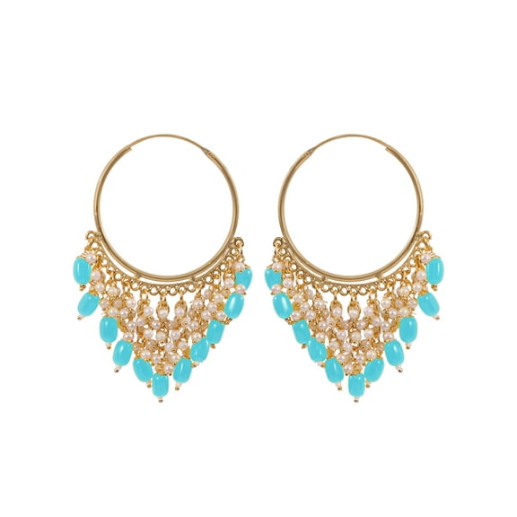Crunchy Fashion Bollywood Jewellery Traditional Ethnic Bridal Bride Wedding Bridesmaid Gold-Plated Jhalar Bali Hoop Earrings With Blue Pearls