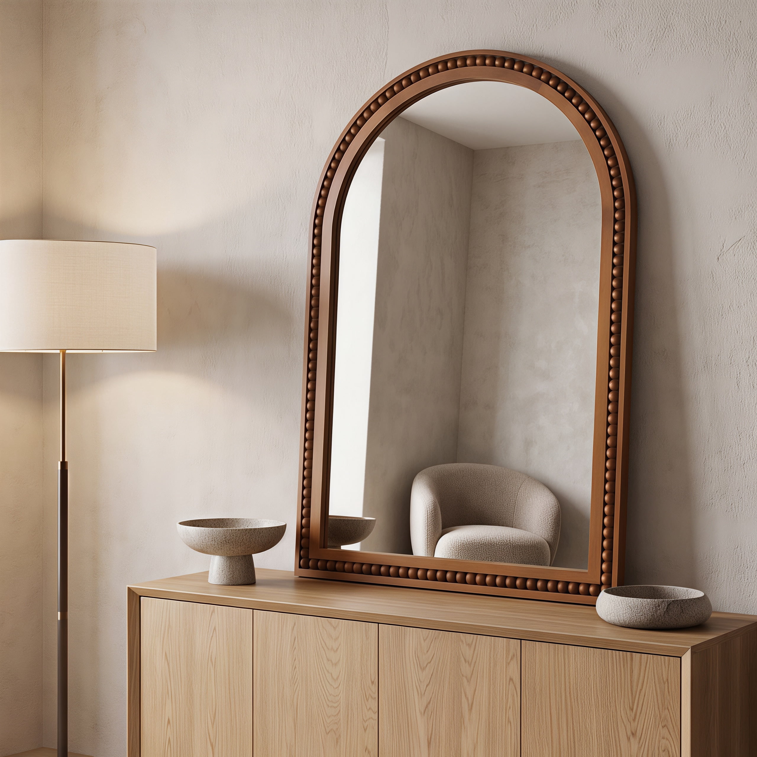 24x36 Inch Arch Wall Mirror With Beaded Solid Wood Frame, Rustic Farmhouse Decor Mirror for Entryway, Bathroom & Living Room, Dark Walnut Color