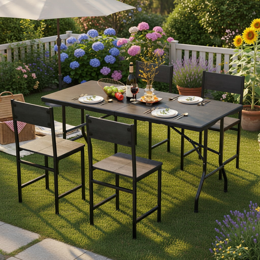 Hommoo 5FT Foldable Picnic Table with Wood-Grain HDPE Top, Non-Slip Feet & Reinforced Steel Frame, Outdoor/Indoor Table for 4-6 People, Black