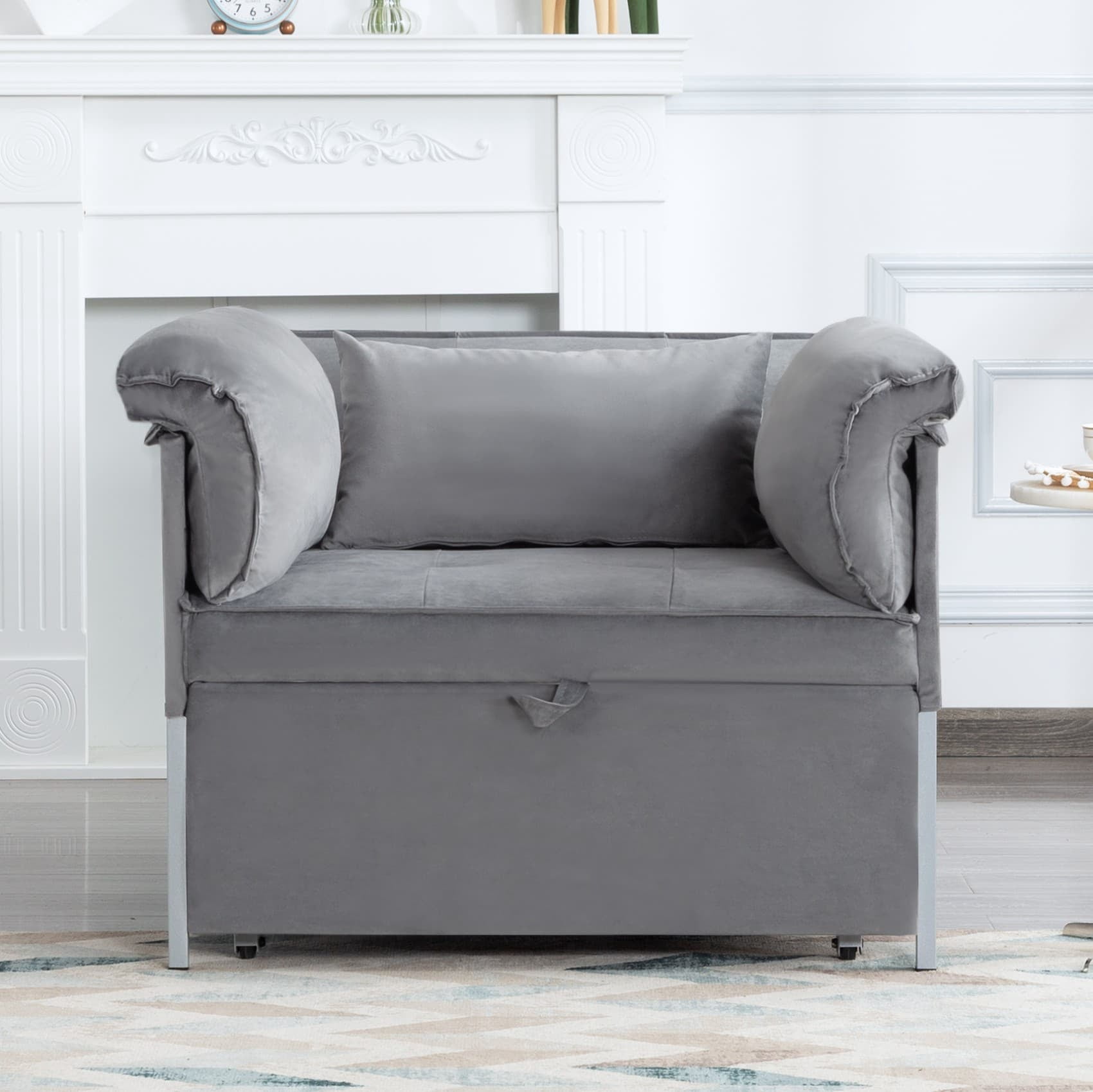 BSHTI 34.3" Convertible Fold Out Sleeper Chair, Sturdy Metal Frame, Velvet Upholstery, 3 Adjustable Angles Reclining Function Sofa Bed, Easy Assembly (Gray)