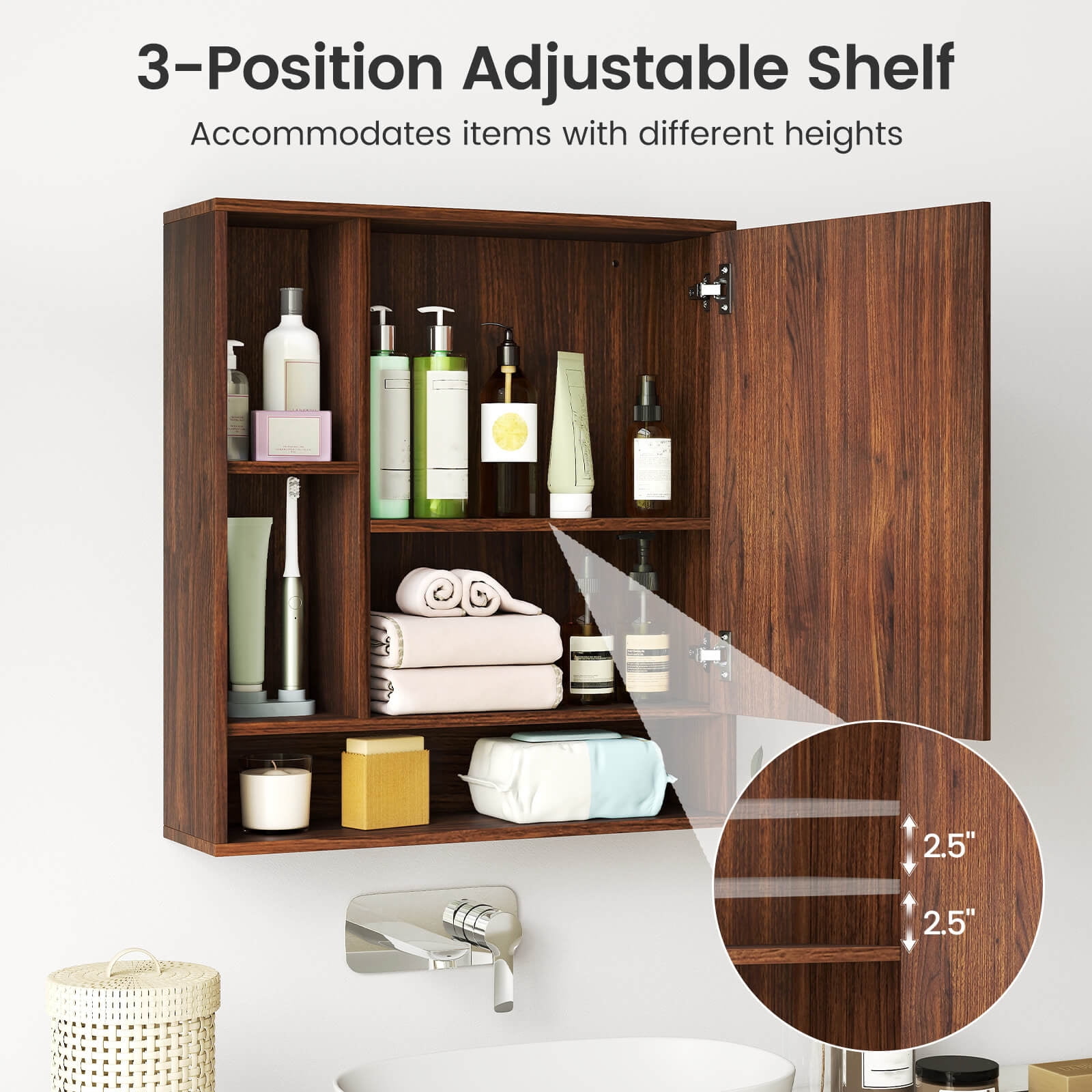 Costway Bathroom Wall Cabinet with Mirror, Single Door, 3 Open Shelves & Adjustable Shelf Walnut