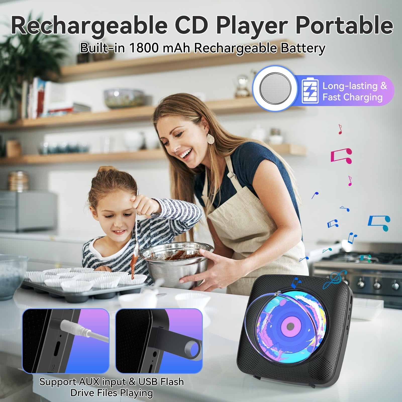 Ooosea CD Player Portable Bluetooth Rechargeable CD Players for Home Desktop Wall Mount CD Player with Speakers FM Radio USB AUX Jack Remote Control