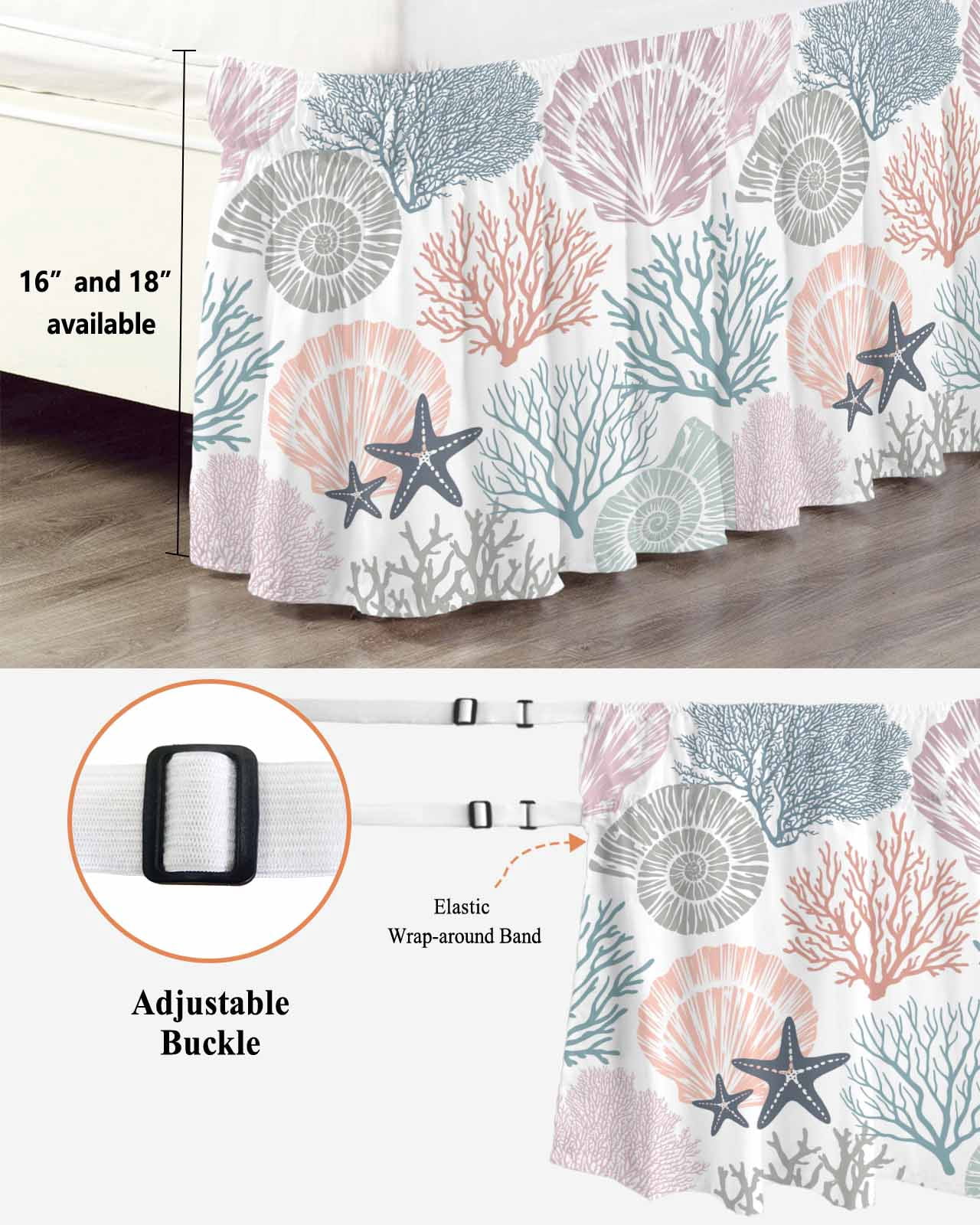 Coastal Starfish Wrap Around Bed Skirts for King Bed 18" Drop,Bed Skirt with Adjustable Elastic Belt Dust Ruffle Bed Valance for Bedroom Hotel Ocean Multicolor Coral Shell Conch Bed Frame Cover