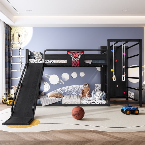 Twin Size Metal Loft Bed with Slide, Bookshelf & Basketball Hoop, Heavy Duty Bunk Bed Frame with Pull-up Rings and Climbing Wall, Low Metal Loft Bed Frame for Teens, Black