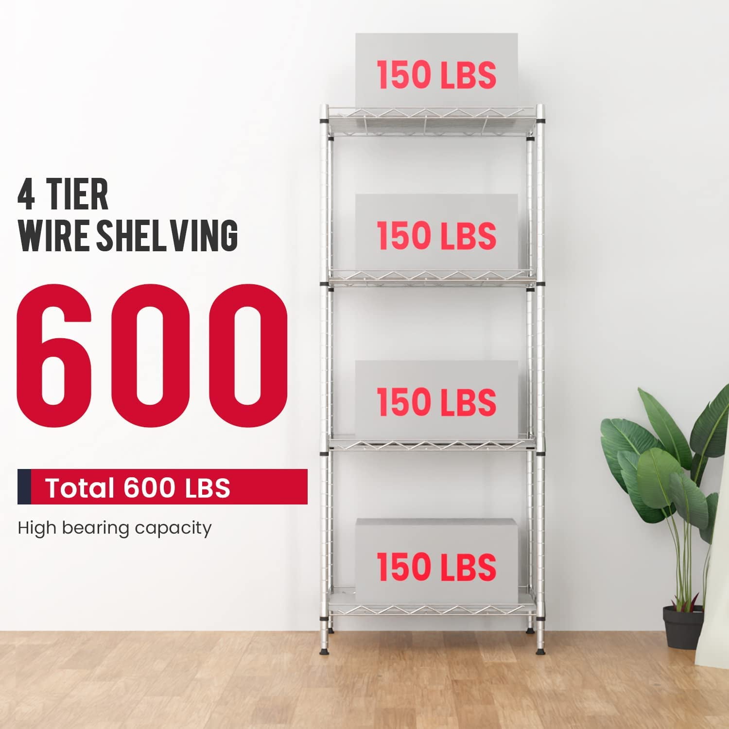 BestOffice 4 Tier Layer Storage Shelves Wire Metal Shelf for Laundry Bathroom Kitchen Garage(18L x 12W x 44H),Chrome