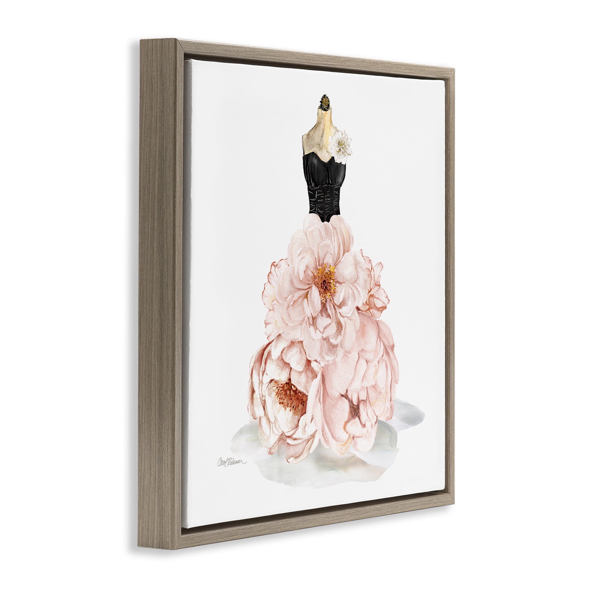 Stupell Industries Pink Peonies Floral Dress Beauty & Fashion Painting Brown Floater Framed Canvas Art Print Wall Art, 18 x 18