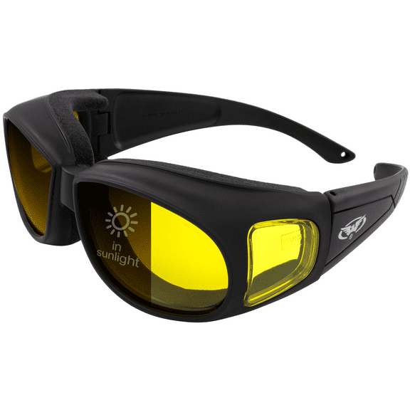 Global Vision Outfitter 24 Auto-Darkening Motorcycle Sunglasses Matte Black Frame with Photochromic Yellow to Smoke Lenses, ANSI Z87.1