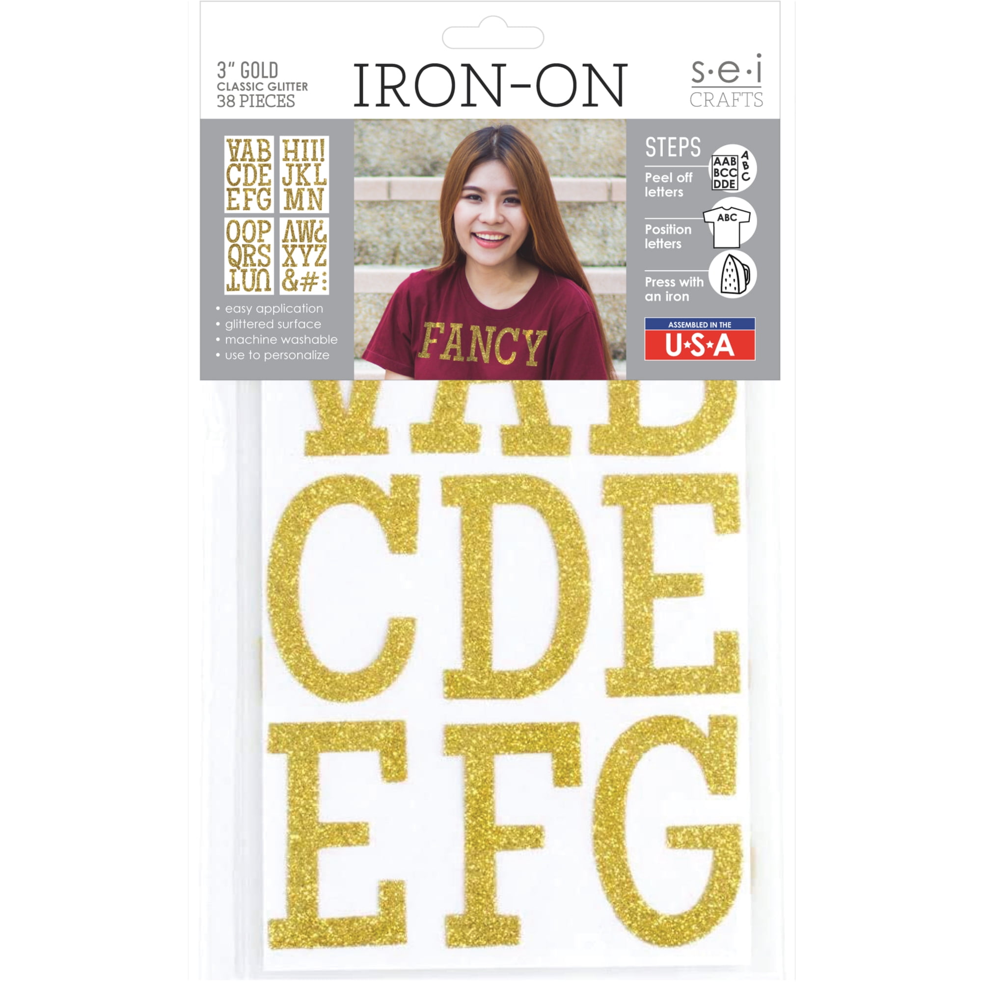 SEI 3 Inch Iron-on T-shirt Letters, Classic Glitter Letter Heat Transfers, Gold