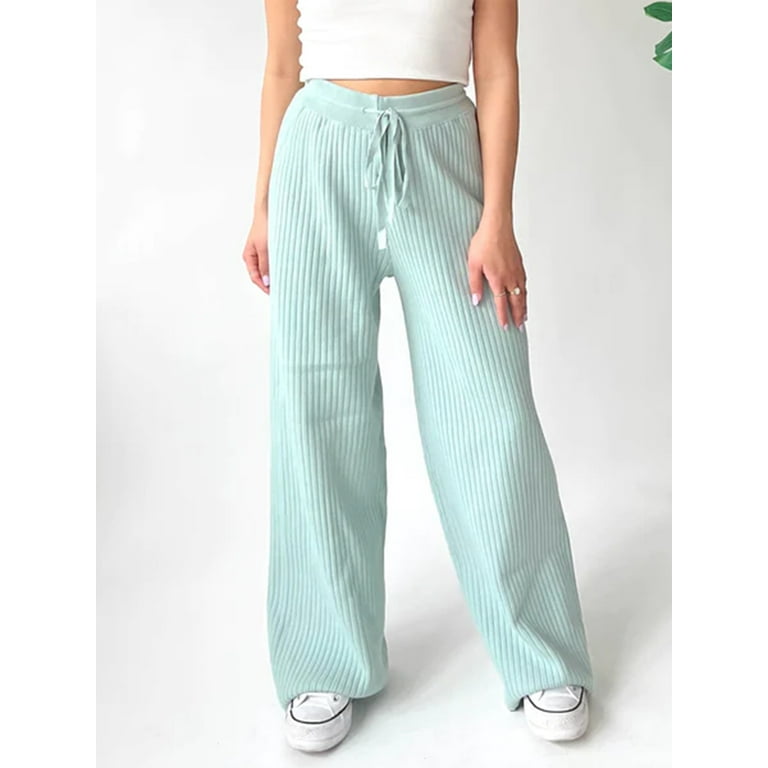 Green Ribbed Knit Pants - Wide-Leg Lounge Pants - Sweater Pants