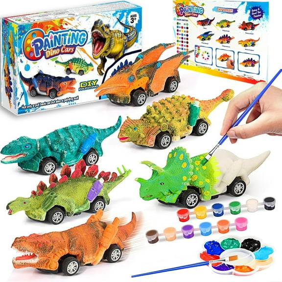LINXUXIE 2 in 1 Dinosaur Painting Kit and Pull Back Cars Toy, DIY Art and Craft Kit with Flash Cards & Instruction, Birthday Gifts for Kids 3-5 5-8 8-12 Year Old
