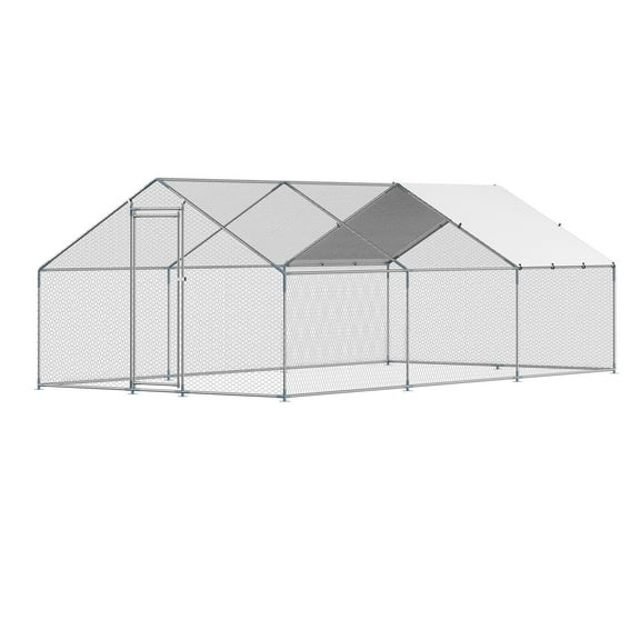 Metal Chicken Coop 9.8x19.6x6.5 ft Large Walk-in Poultry Run with Spire Roof Cover, Galvanized Steel Frame, Weatherproof Outdoor Chicken Pen for Ducks, Rabbits, Quails, and Small Animals