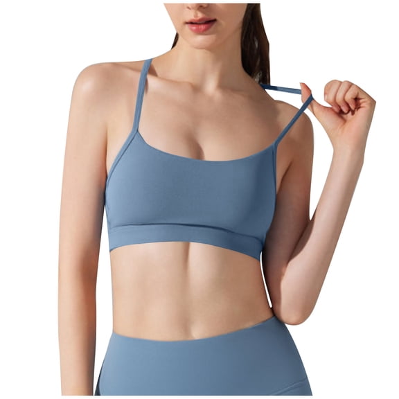 Floleo Women Thin Strap Sports Bra, Yoga Workout Bralette, Scoop Neck Removable Pads, Supportive Low-Impact Back Design Gym Bra (Blue,M)