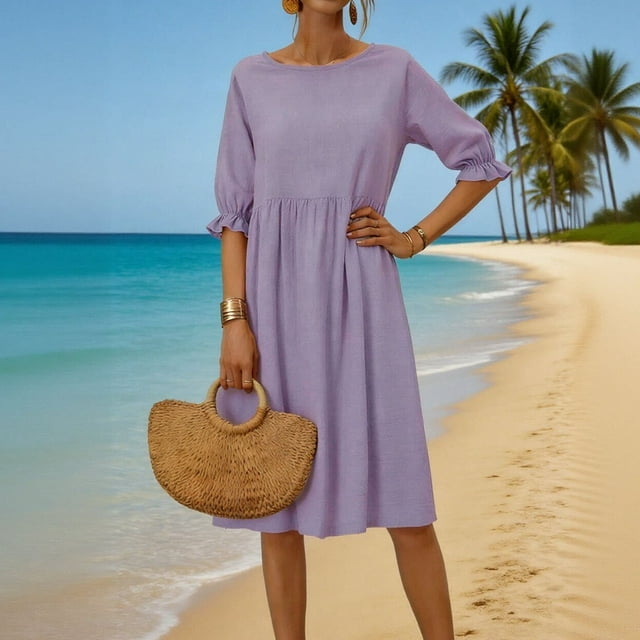 Nuoqisi Robe en Lin à Col Rond Ample de Couleur Unie pour Femmes, Manches 3/4, Maxi, Décontractée, Taille Haute, Plissée, Légère pour l'Été, Plage