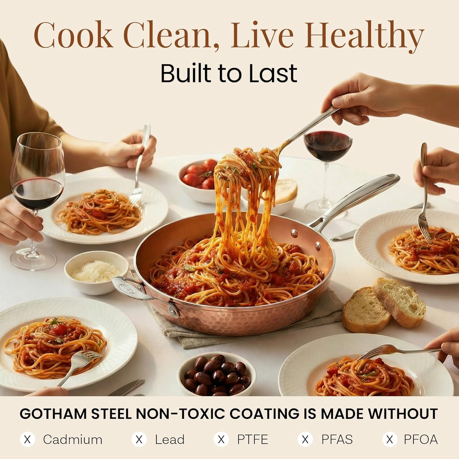 Hammered Copper 14 Inch Non Stick Frying Pan with Lid, Ceramic Coating Induction Safe Oven Dishwasher