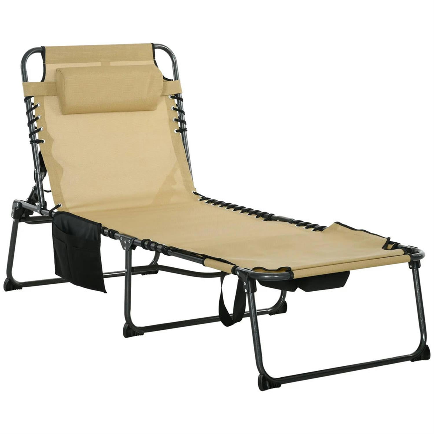 Demi Bonn Outdoor Folding Chaise Lounger with 5-Position Reclining, Built-in Reading Grommet, Side Storage, Pillow Relaxation for Sunbathing, Beige