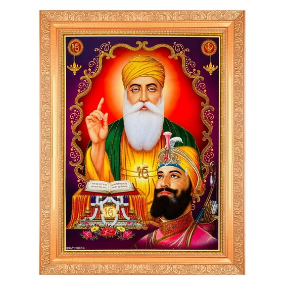 Bm Traders Guru Nanak With Guru Gobind Singh Ji Zari Print Photo In ArtWork Golden Frame (11 x 14 Inch)OR(27.94 X 35.56 Cm) Religious Gifting