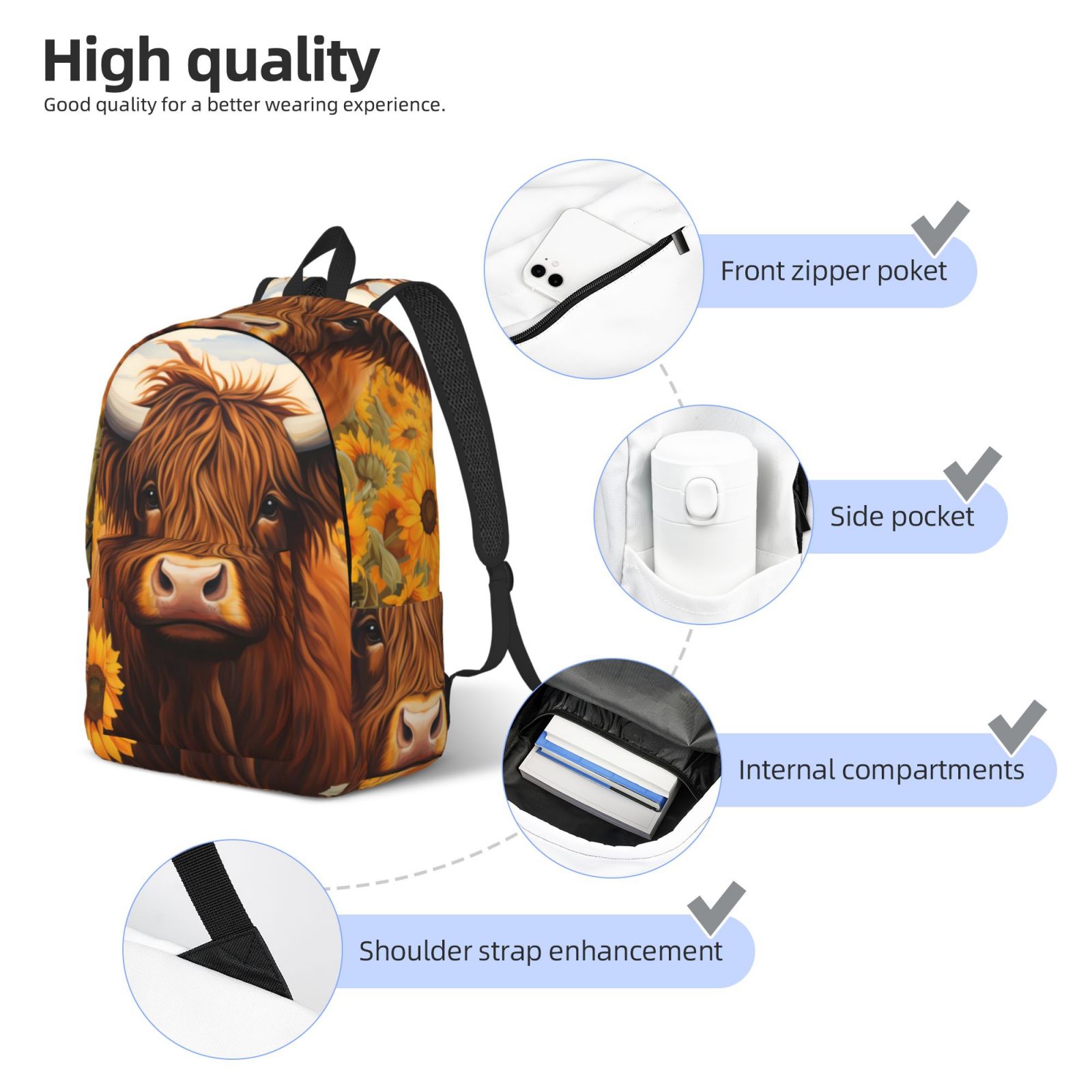Picia Countryside Sunflower Cow Printed Canvas Daypack - Stylish and Durable Vintage Compact Backpack - Class, Work, Travel, or Laptop Bookbag,Organized Compartments-Medium