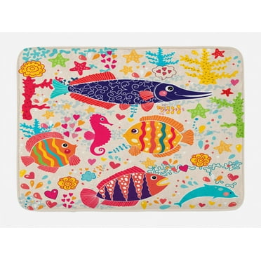 Sea Animals Bath Mat, Cartoon Art with Fish Seahorse Starfish Dolphin Coral Underwater Life Kids, Non-Slip Plush Mat Bathroom Kitchen Laundry Room Decor, 29.5 X 17.5 Inches, Multicolor, Ambesonne