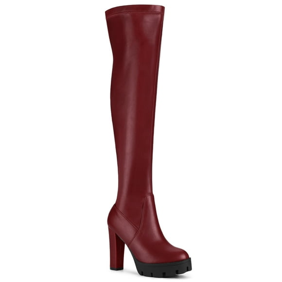 Unique Bargains Women's Platform Chunky Heel Over Knee High Boots Burgundy (Size 6)