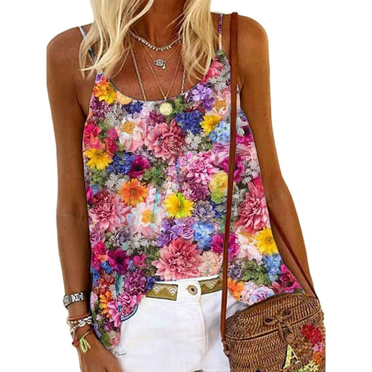 Plus Size Spaghetti Strap Boho Floral Casual Tops Sleeveless Blouse for  Women Floral Summer Loose Tank Vest Tops Tunic Blouse T-Shirt Holiday Party