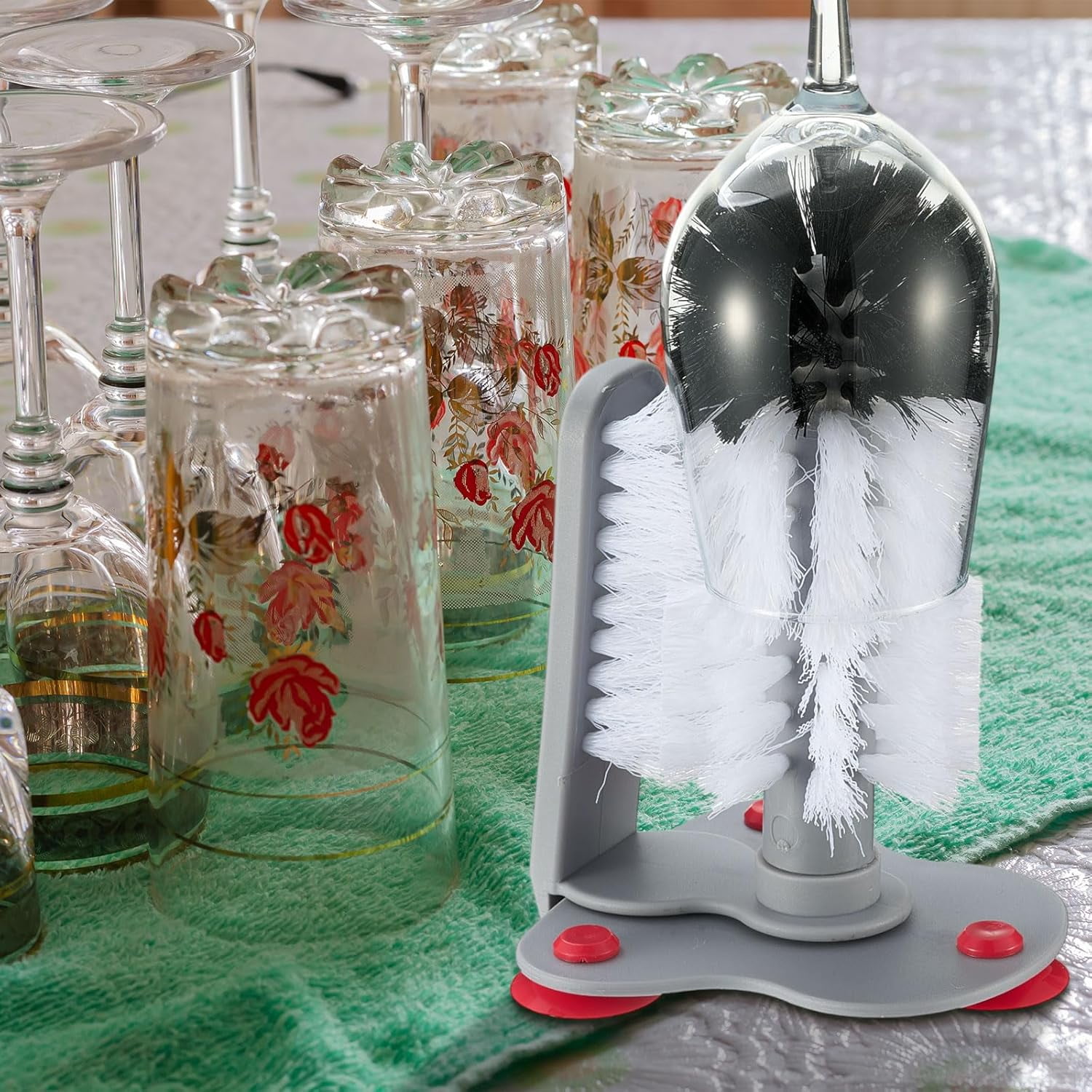 4 Pack Cup Washer Double Bristle Brush with Suction Base Glass Cleaner for Kitchen Bar Sink Wine Glass, Beer Mug (7.48'')