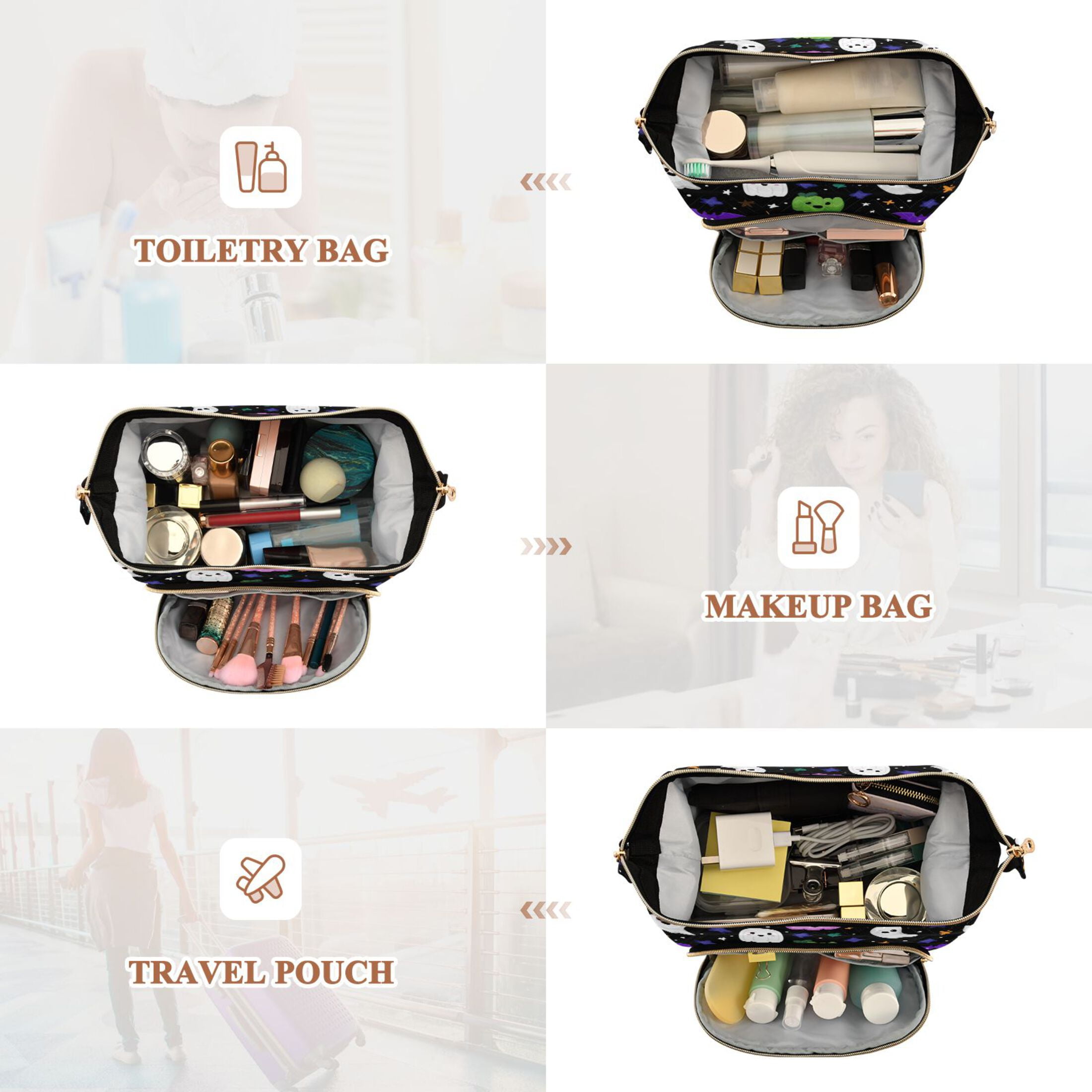 Wavy Quilted Cosmetic Bag Large-Capacity Travel Toiletry Organizer Includes 9-Piece Portable Travel Bottle Set Cartoon Ghosts Pumpkins