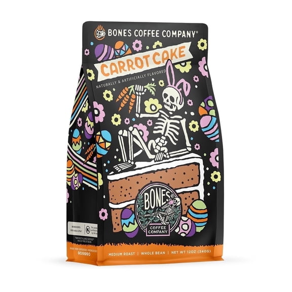 Bones Coffee Company Carrot Cake Whole Coffee Beans Carrot Cake & Cream Cheese Frosting Flavor | 12 oz Flavored Coffee Medium Roast Gourmet Limited Release (Whole Bean)