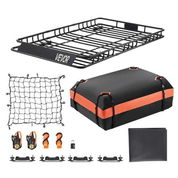 VEVOR Roof Rack Basket, 64 x 39 x 4.1 in, Universal Rooftop Cargo Carrier with 44.1 x 34.3 x 10.2 in Cargo Bag, Net, Ratchet Straps, 250 lbs Max Load Capacity Car Top Luggage Holder
