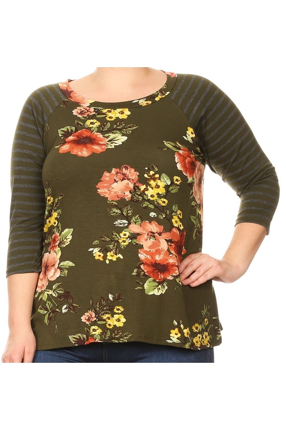 Women Plus Size Striped Sleeve Floral Printed Jersey Tunic Knit Top Tee Olive Orange 1XL B4991 BNY Corner
