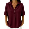 thumbnail image 2 of Naotn Summer Shirts for Women Fashion Casual Loose Fit Solid Color Snap Button Lapel Neck Short Sleeve Tops Trendy Vacation Beach Blouses, 2 of 7