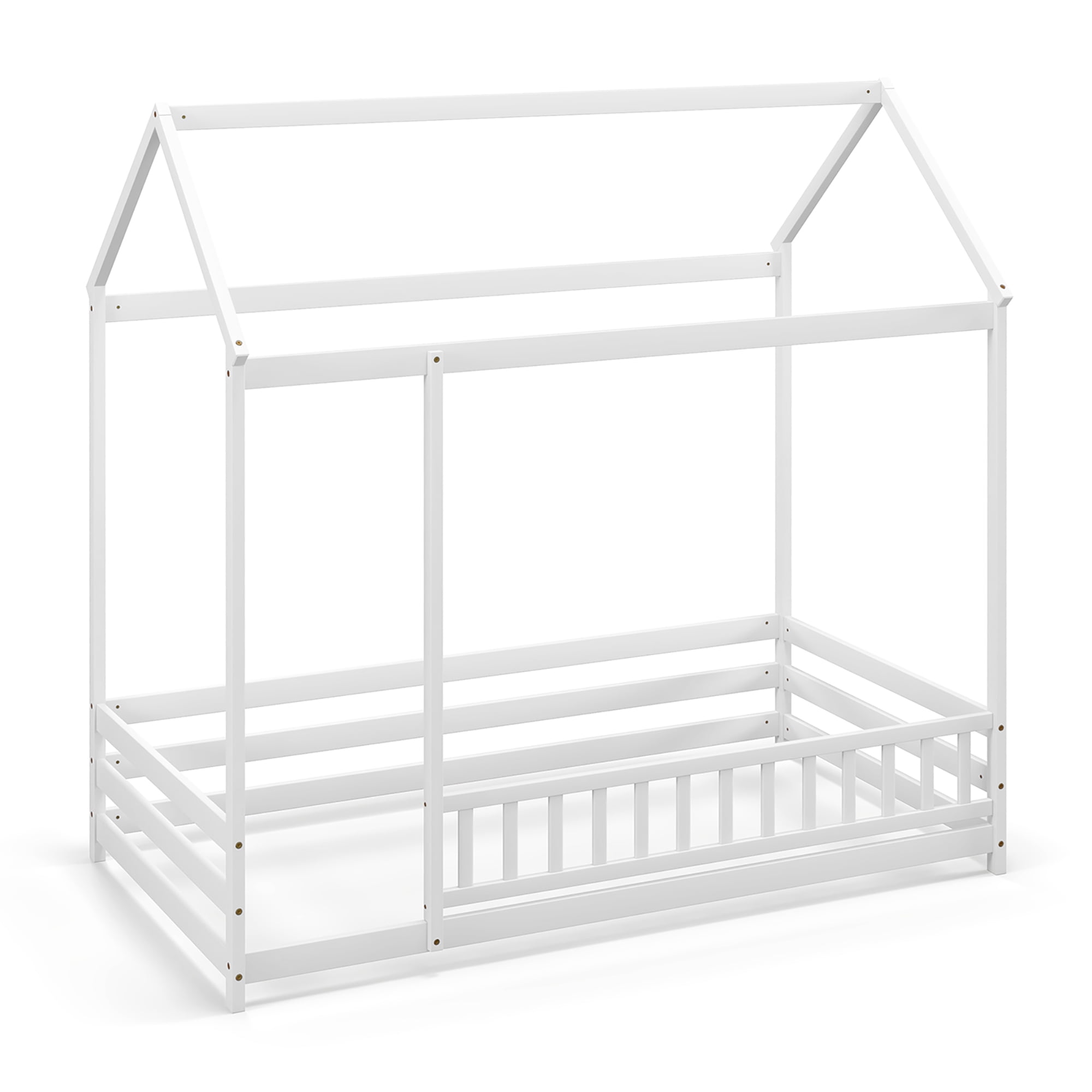 Gymax Twin Size House Bed w/ Roof & Full-length Safety Guardrail Playhouse Bed Frame White