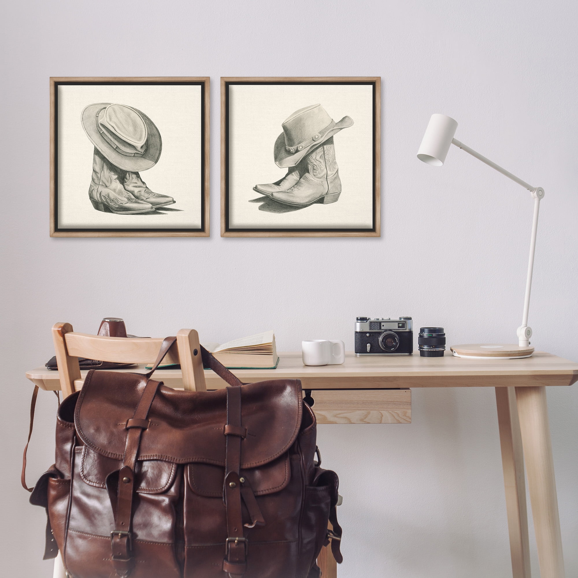 Stupell Industries Rustic Cowboy Boots Beauty & Fashion Drawing Brown Floater Framed Canvas Art Print Wall Art, 18 x 18, Set of 2