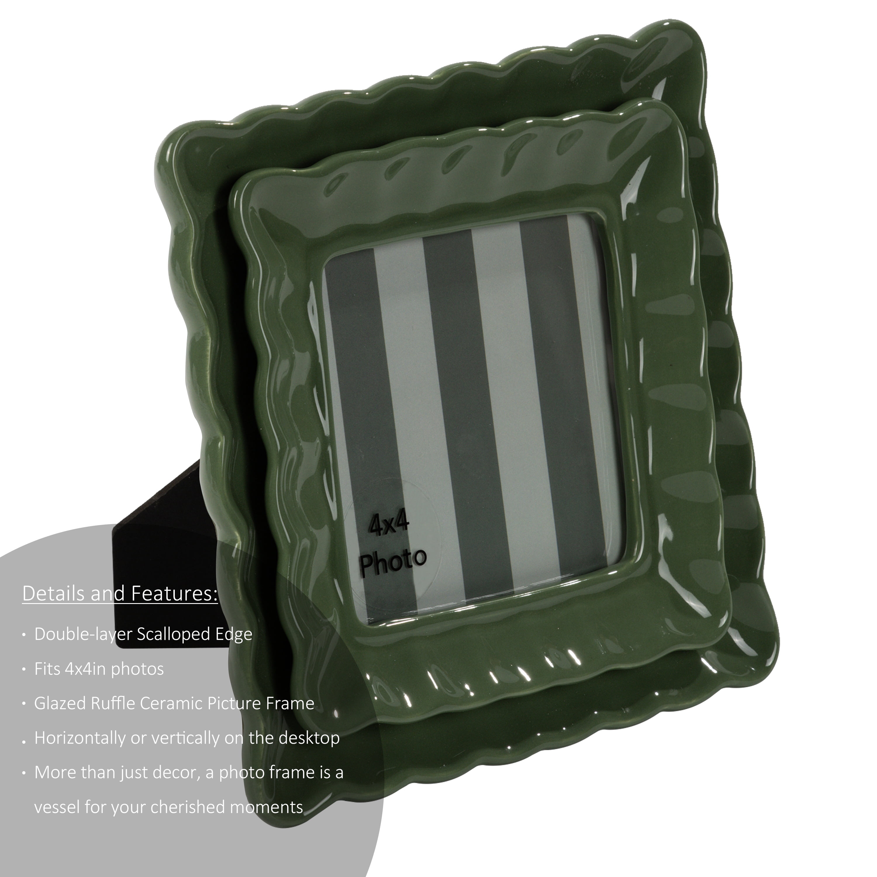 Sterling & Noble Home – 4x4 Picture Frame – Double Ruffle Green Ceramic Tabletop Photo Frame