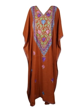Mogul Women Brown Maxi Embellished Kaftan Dress Floral Embroidered Kimono Sleeves Resort Wear Housedress 2XL