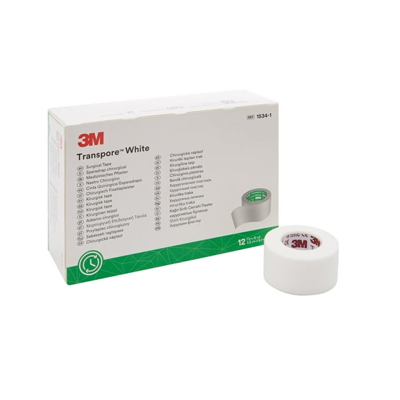 3M Transpore Medical Tape Water-Resistant Plastic White Non-Sterile 1" x 10 Yd, 12 Rolls, 1 Pack