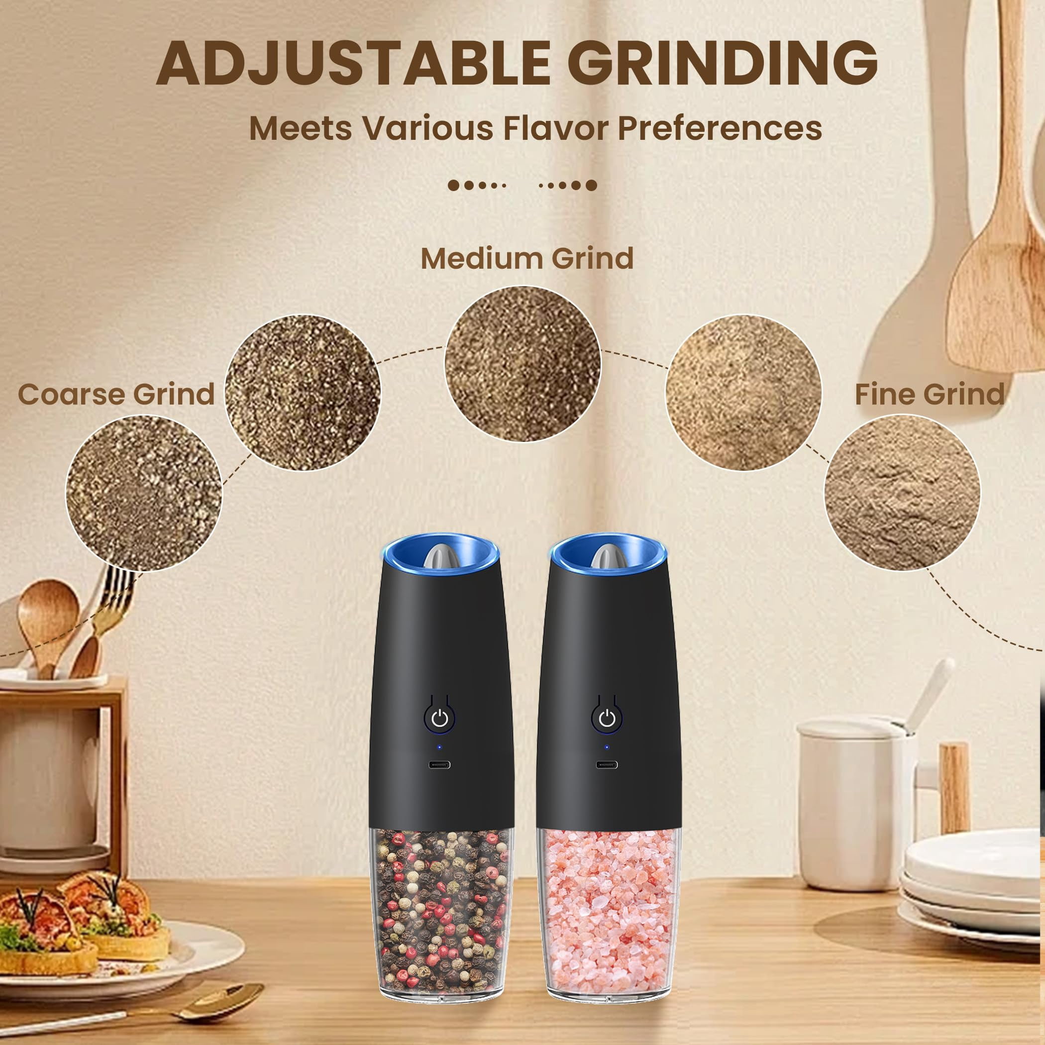 Electric Salt and Pepper Grinder Set, Battery Operated Automatic Grinders with Adjustable Coarseness and LED Light, 2 Pack, Black